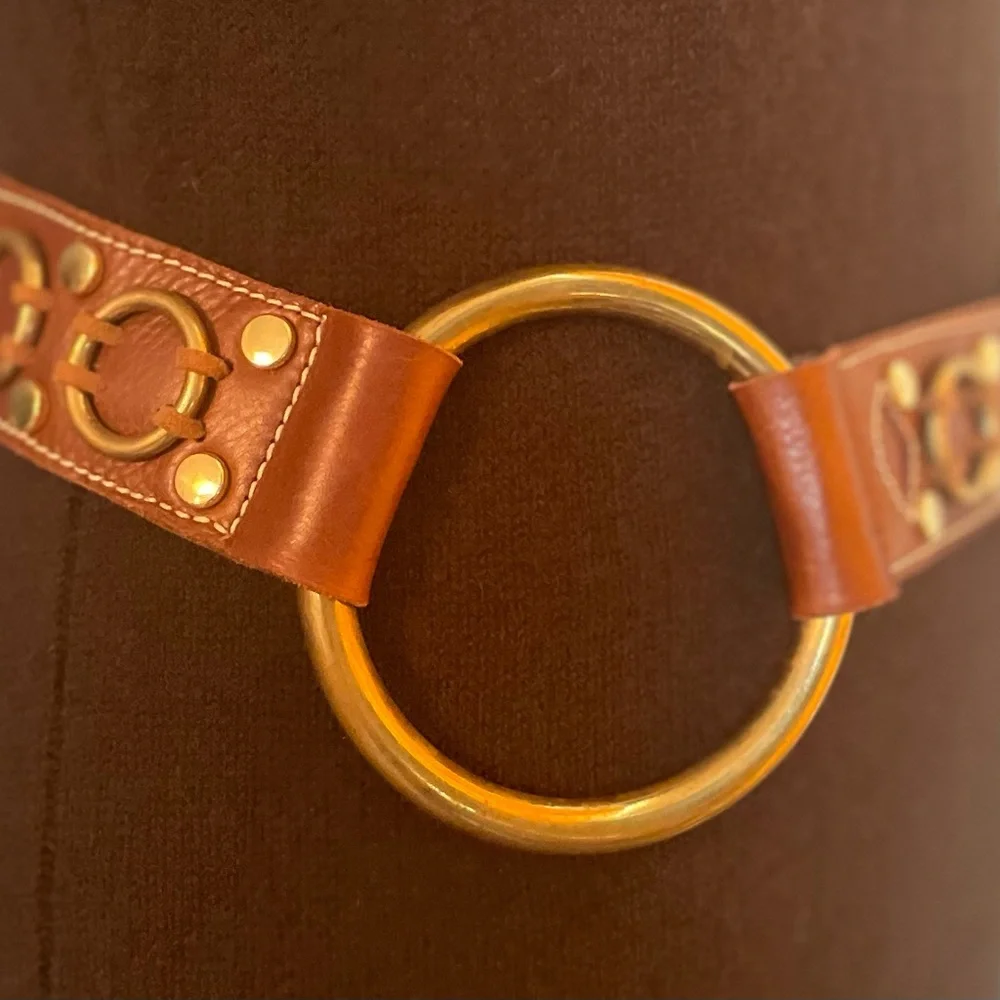 Coco Bianco Brown Leather Gold-Accent Ring Belt